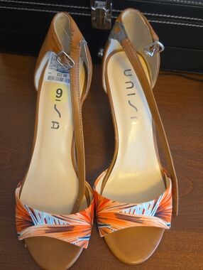 Unisa Tan Slingback Heels with Orange Print Front Strap